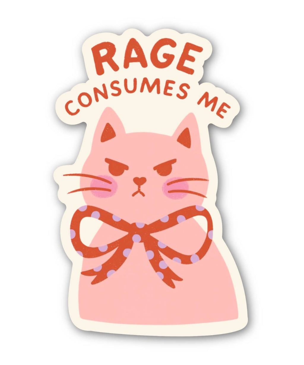 Funny cat sticker with bold “RAGE CONSUMES ME” lettering 