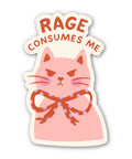 Funny cat sticker with bold “RAGE CONSUMES ME” lettering 