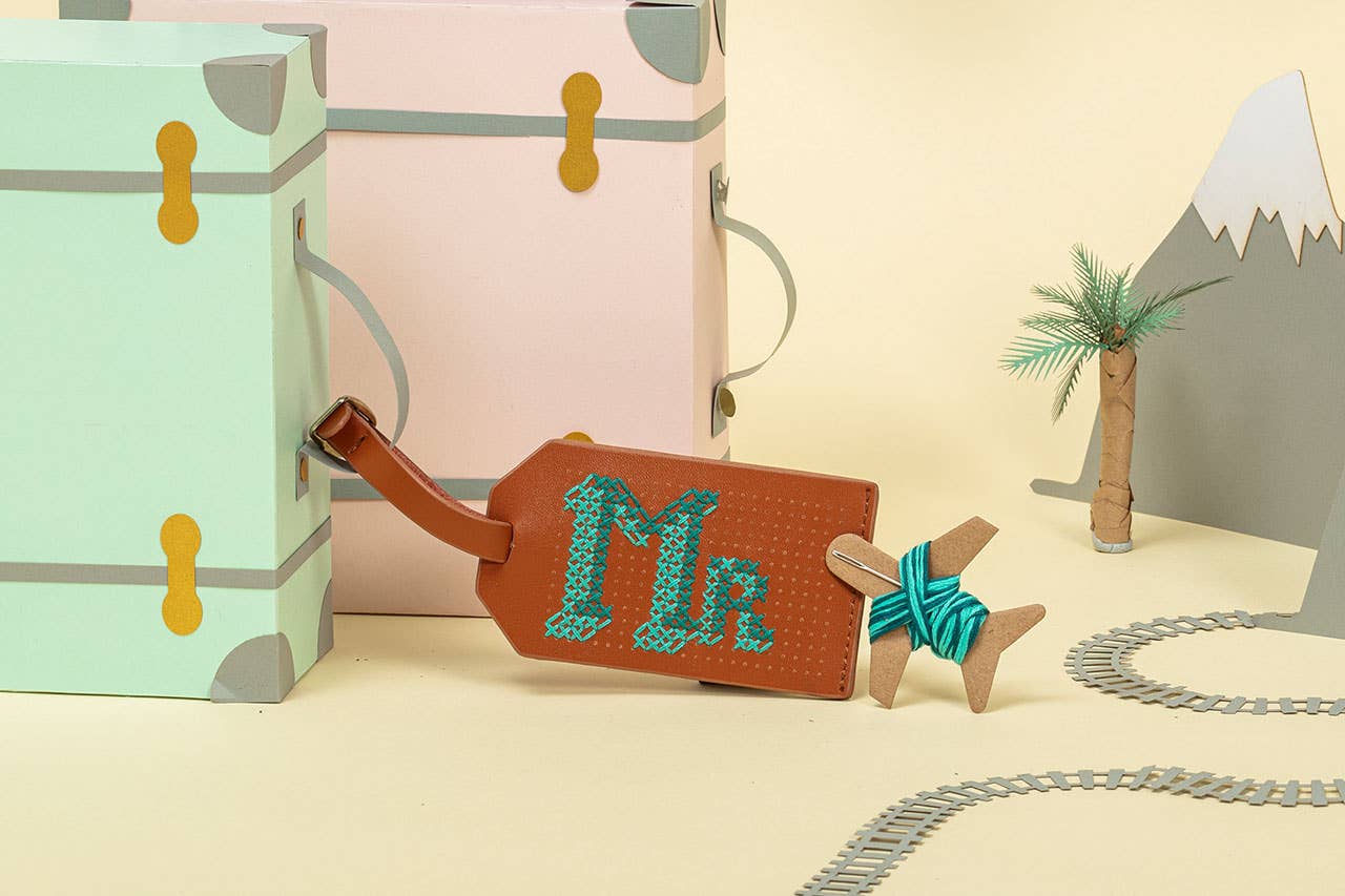 DIY Cross Stitch Luggage Tag Kit - Brown with teal thread