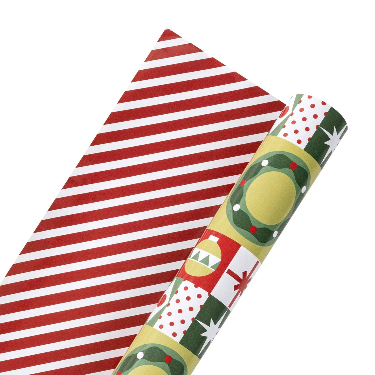 Christmas Geometric and Red/White Stripe 30" x 10' Holiday Reversible Wrapping Paper