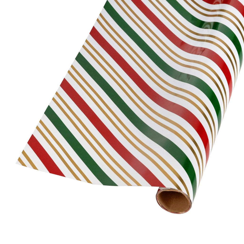 Holiday Stripe and Vintage Santa Faces 30" x 10' Holiday Reversible Metallic Wrapping Paper