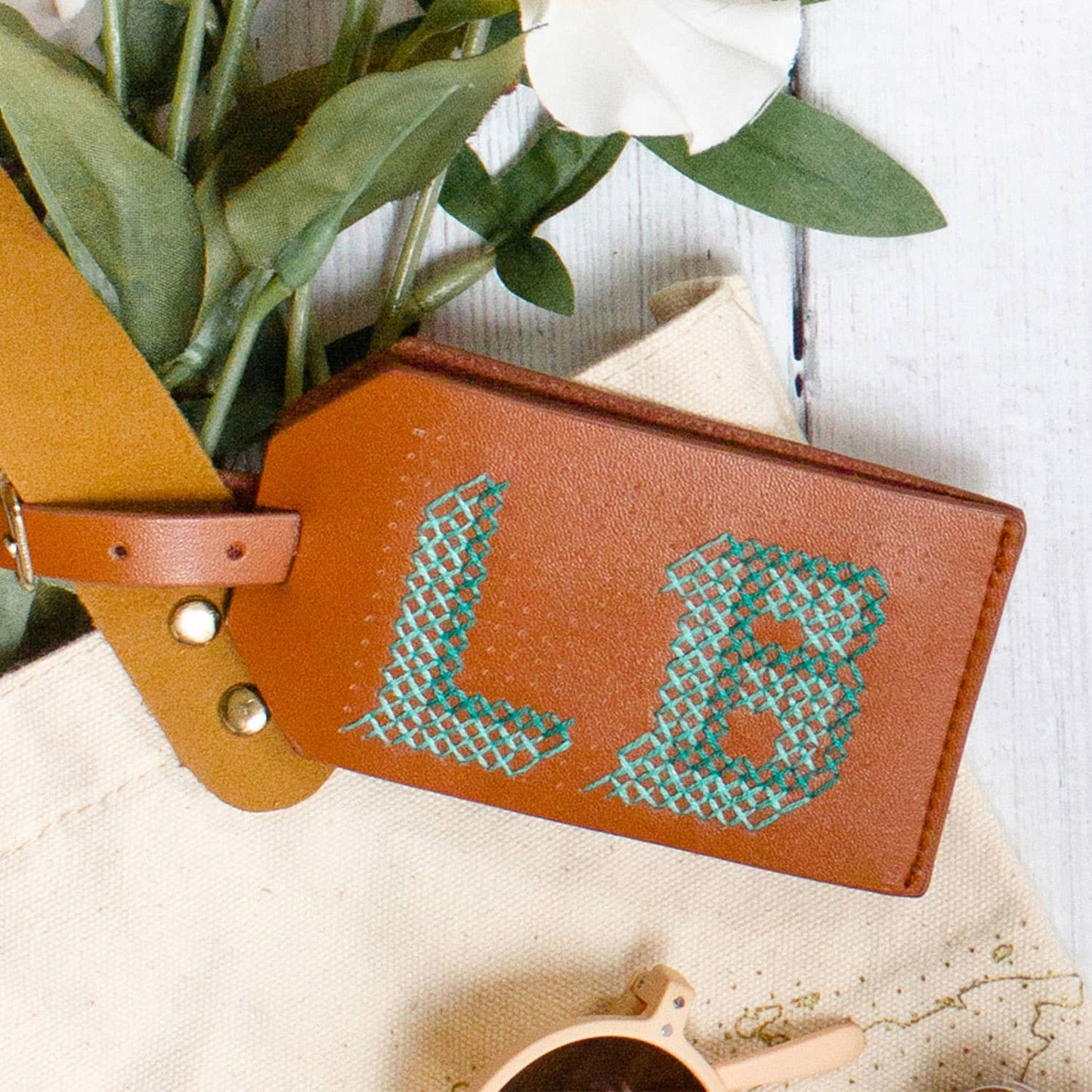 DIY Cross Stitch Luggage Tag Kit - Brown with teal thread