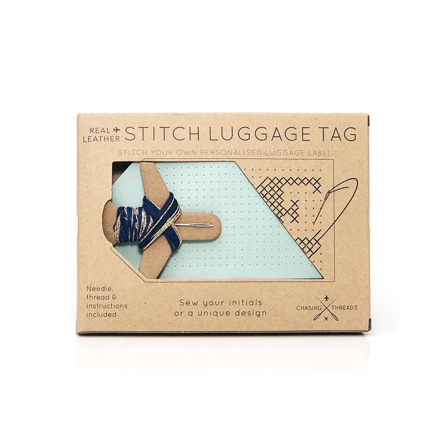 DIY Cross Stitch Luggage Tag Kit - Mint with Navy thread