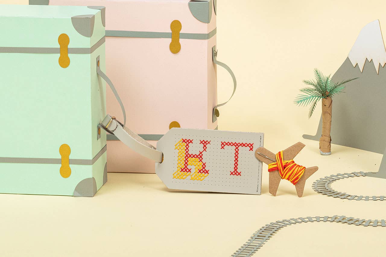 DIY Cross Stitch Luggage Tag Kit - Light Grey Vegan leather