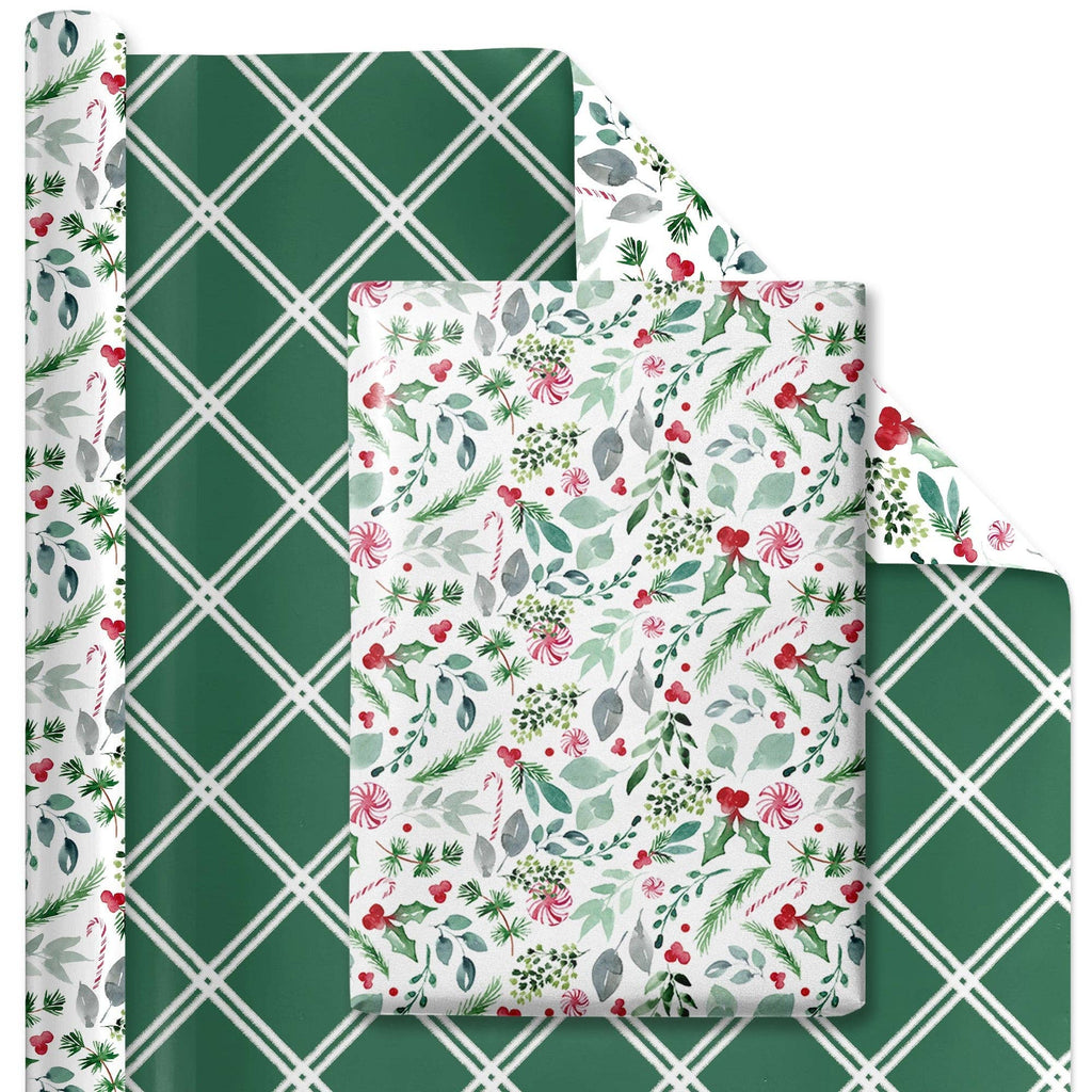 Watercolor Holly/Green and White Lattice 30" x 10' Reversible Holiday Wrapping Paper