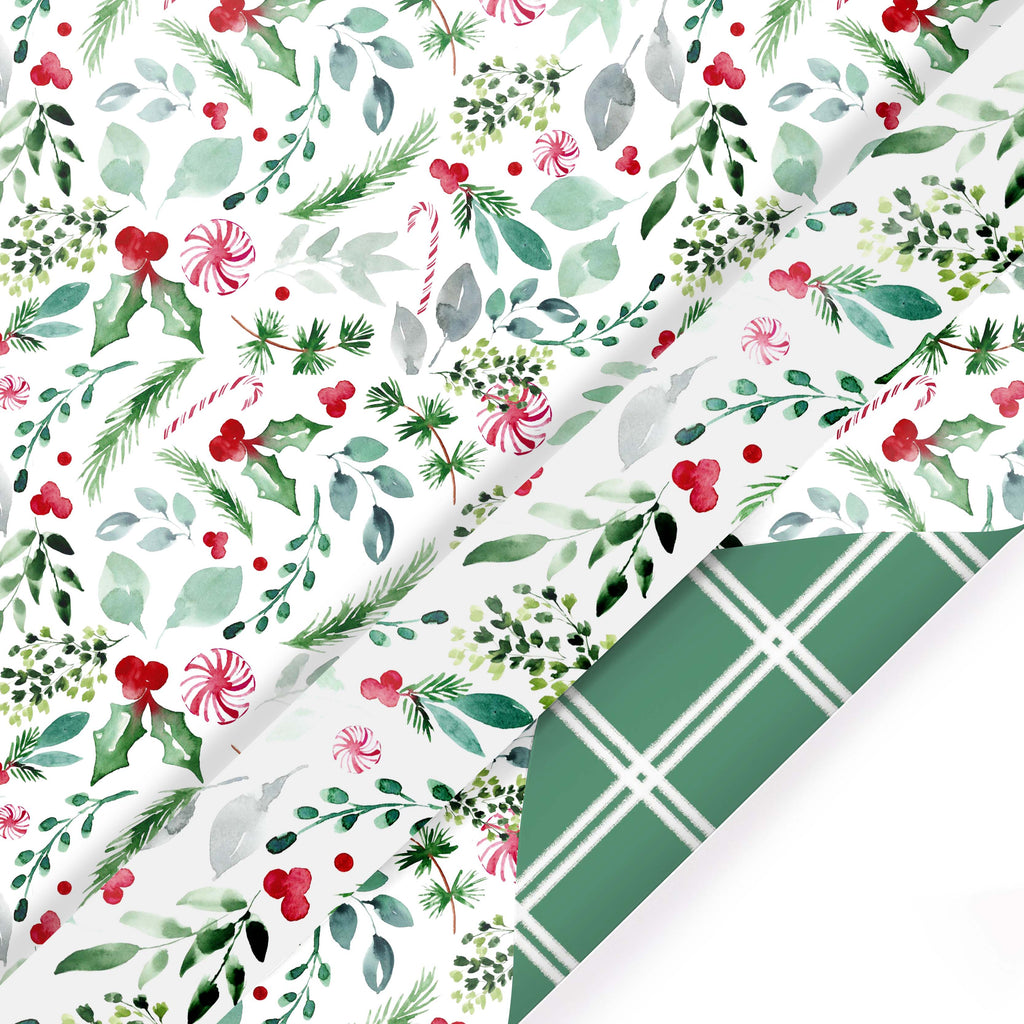 Watercolor Holly/Green and White Lattice 30" x 10' Reversible Holiday Wrapping Paper