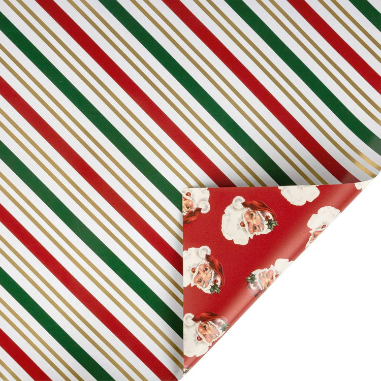 Holiday Stripe and Vintage Santa Faces 30" x 10' Holiday Reversible Metallic Wrapping Paper