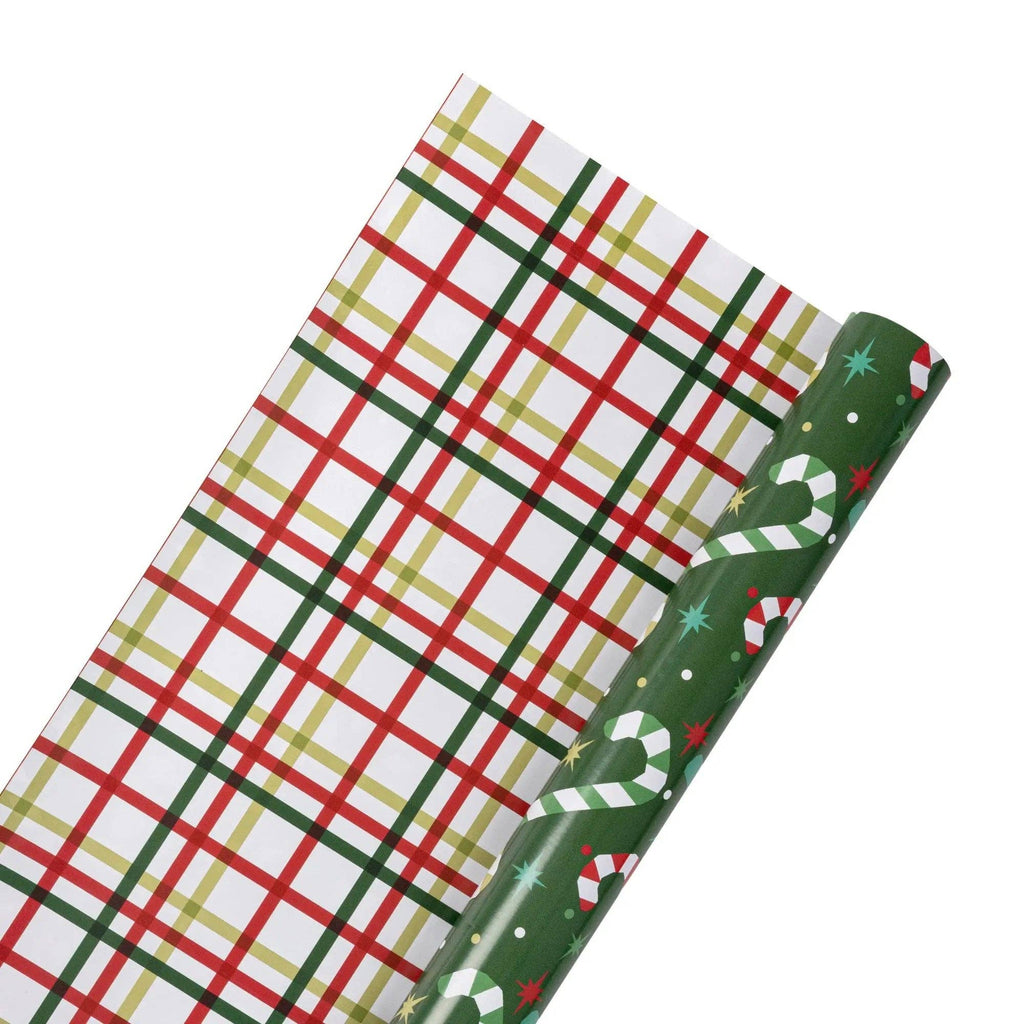 Modern Candy Cane and Geo Plaid 30" x 10' Holiday Reversible Wrapping Paper