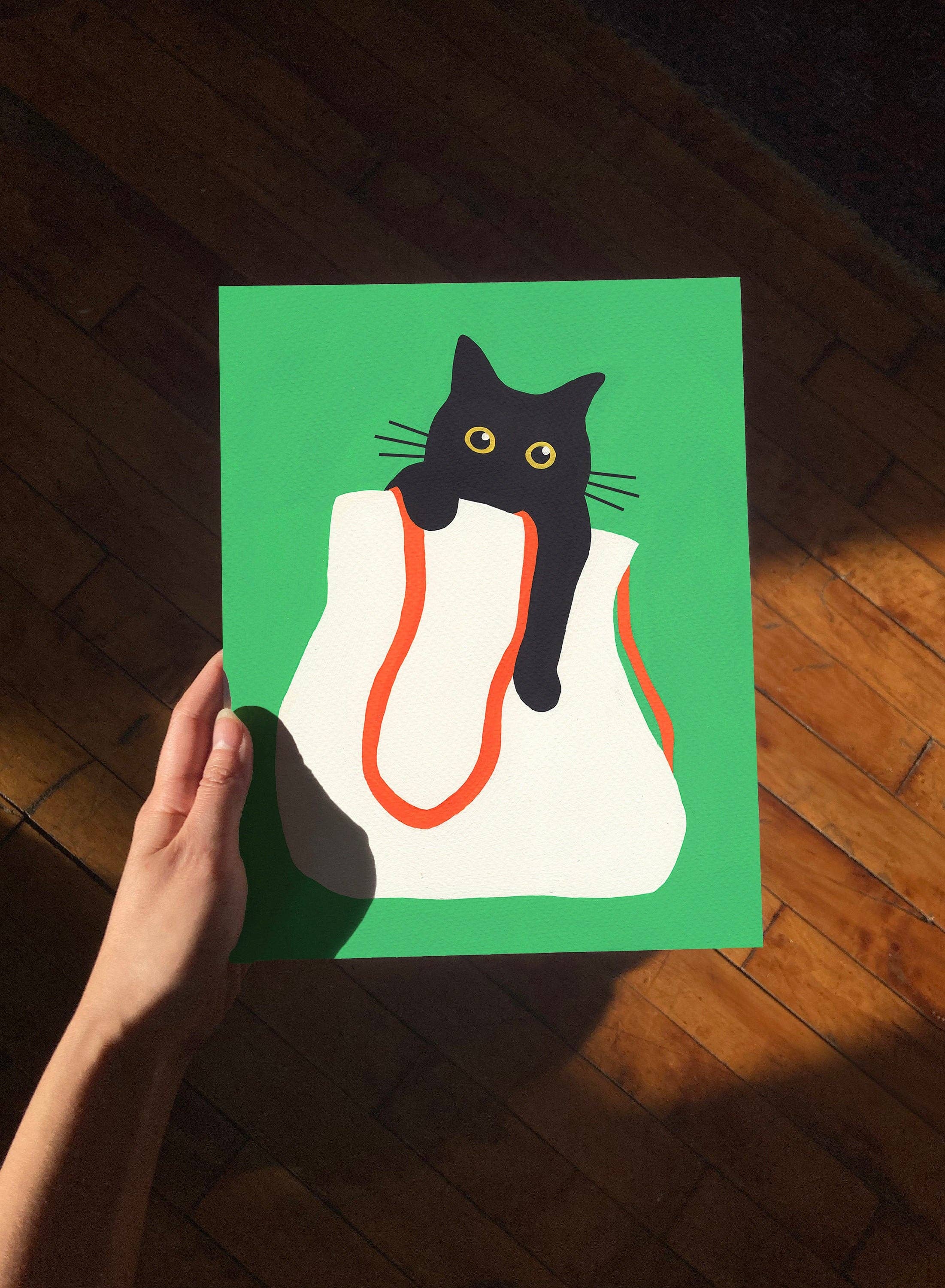 Cat in Bag Art Print: 8x10 Inches