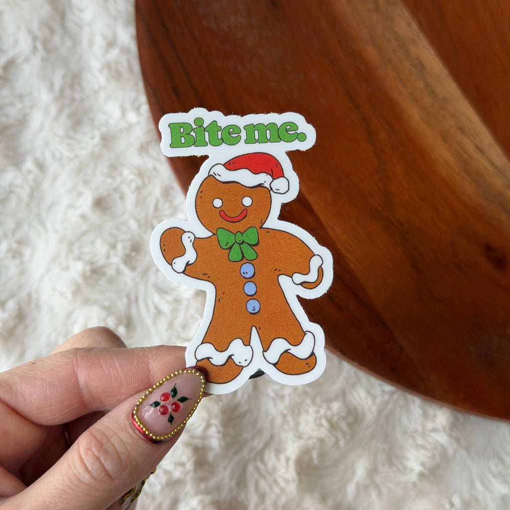 Bite Me Snarky Gingerbread Man Christmas Sticker