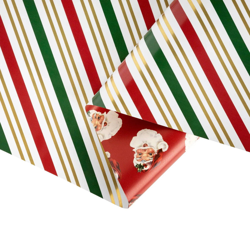 Holiday Stripe and Vintage Santa Faces 30" x 10' Holiday Reversible Metallic Wrapping Paper