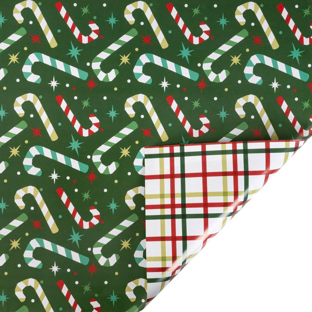 Modern Candy Cane and Geo Plaid 30" x 10' Holiday Reversible Wrapping Paper