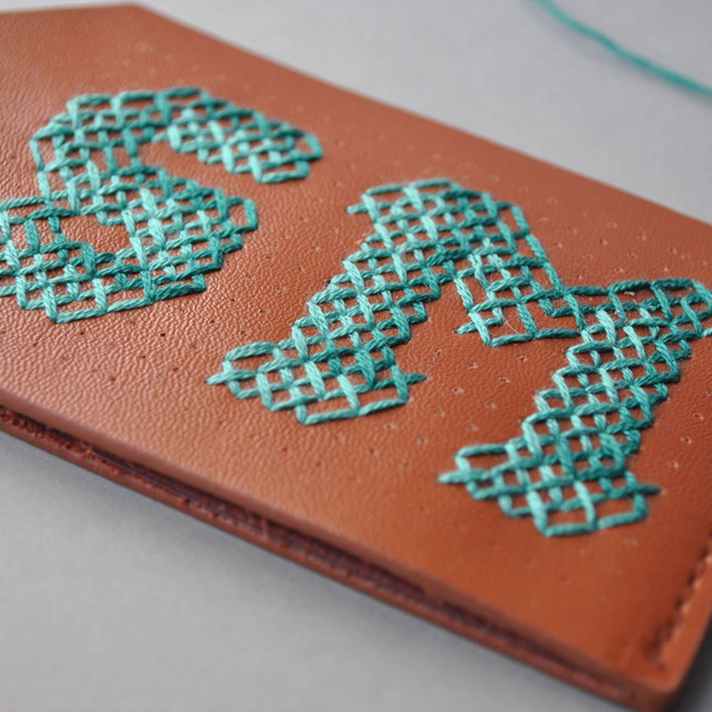 DIY Cross Stitch Luggage Tag Kit - Brown with teal thread