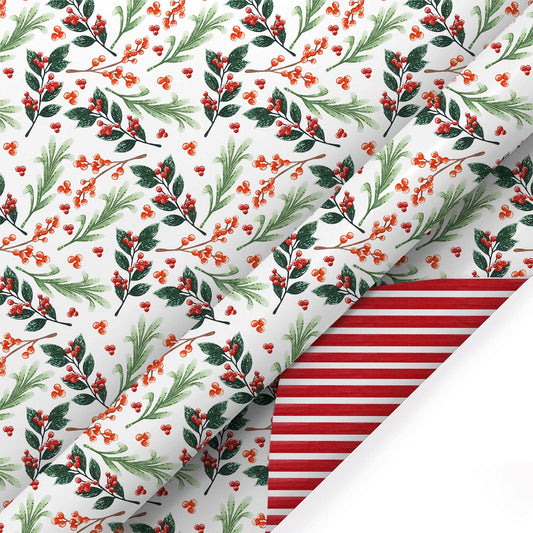 Reversible Wrapping Paper | Greens & Berries/Red & White Stripe