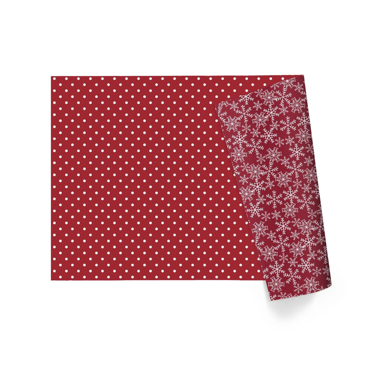 White Dot on Red/Layered Snowflake on Red 30" x 10’ Holiday Reversible Wrapping Paper