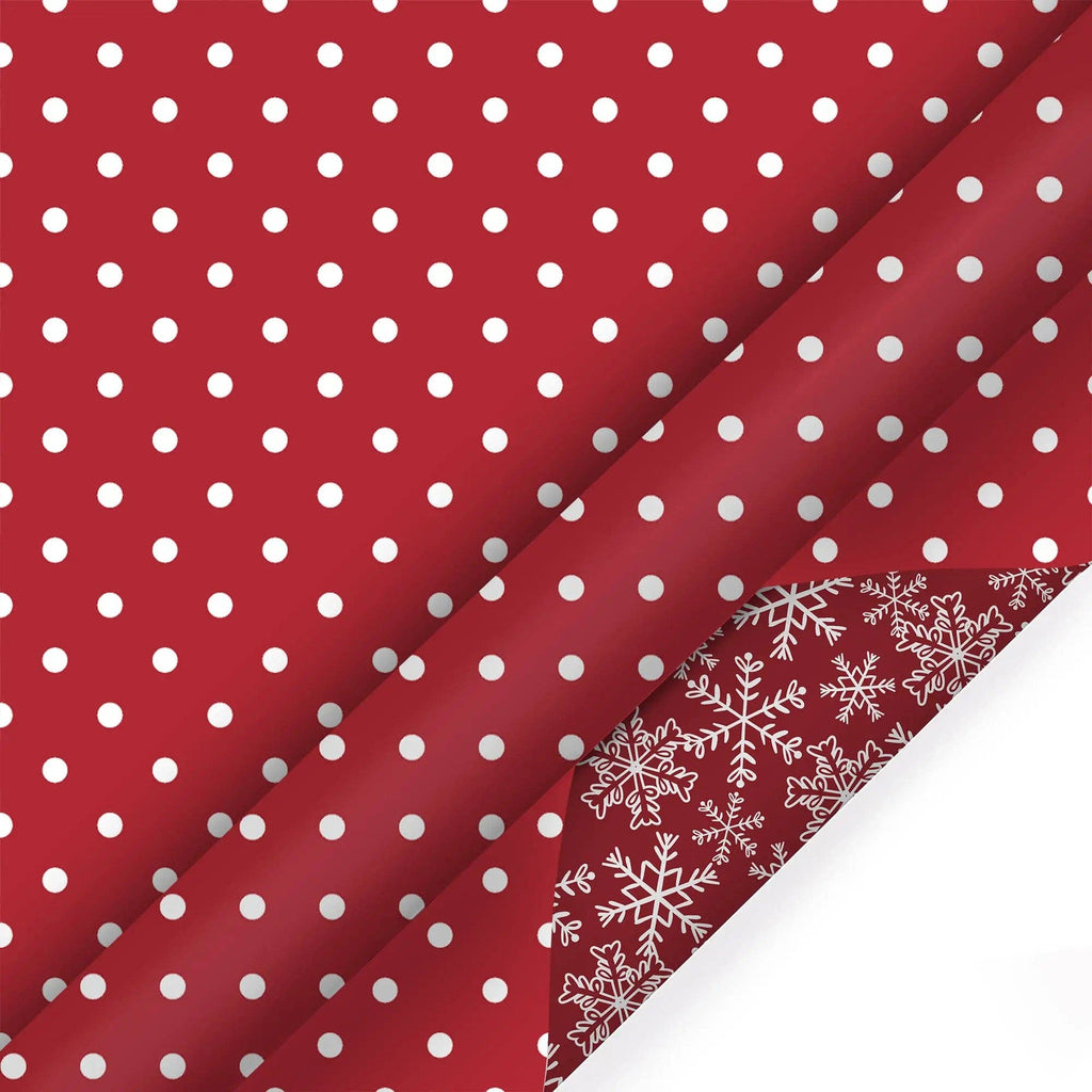 White Dot on Red/Layered Snowflake on Red 30" x 10’ Holiday Reversible Wrapping Paper