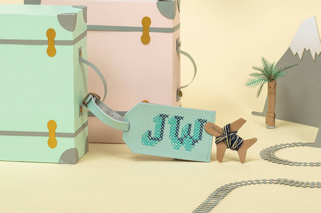 DIY Cross Stitch Luggage Tag Kit - Mint with Navy thread