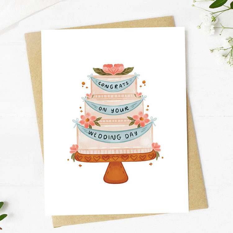 "Congrats on your wedding day" Wedding Cake With Banner Card