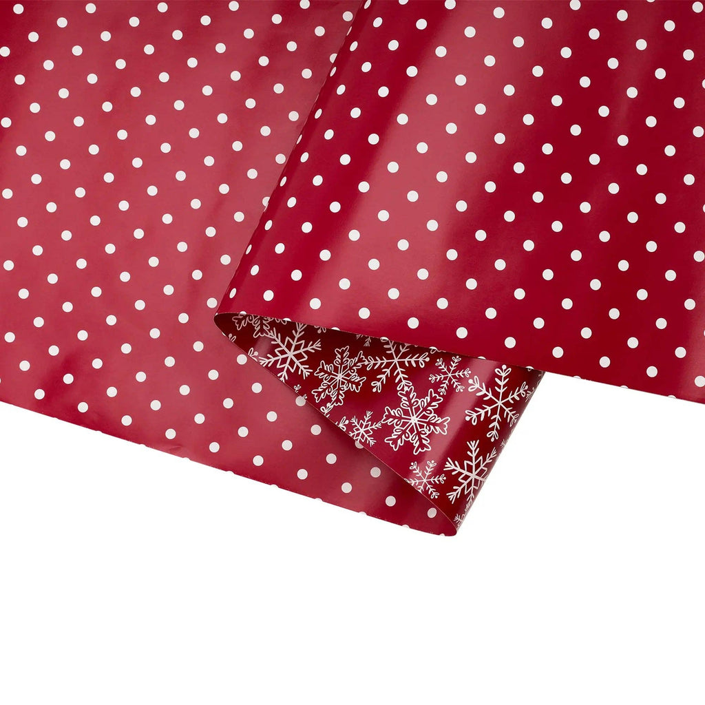 White Dot on Red/Layered Snowflake on Red 30" x 10’ Holiday Reversible Wrapping Paper