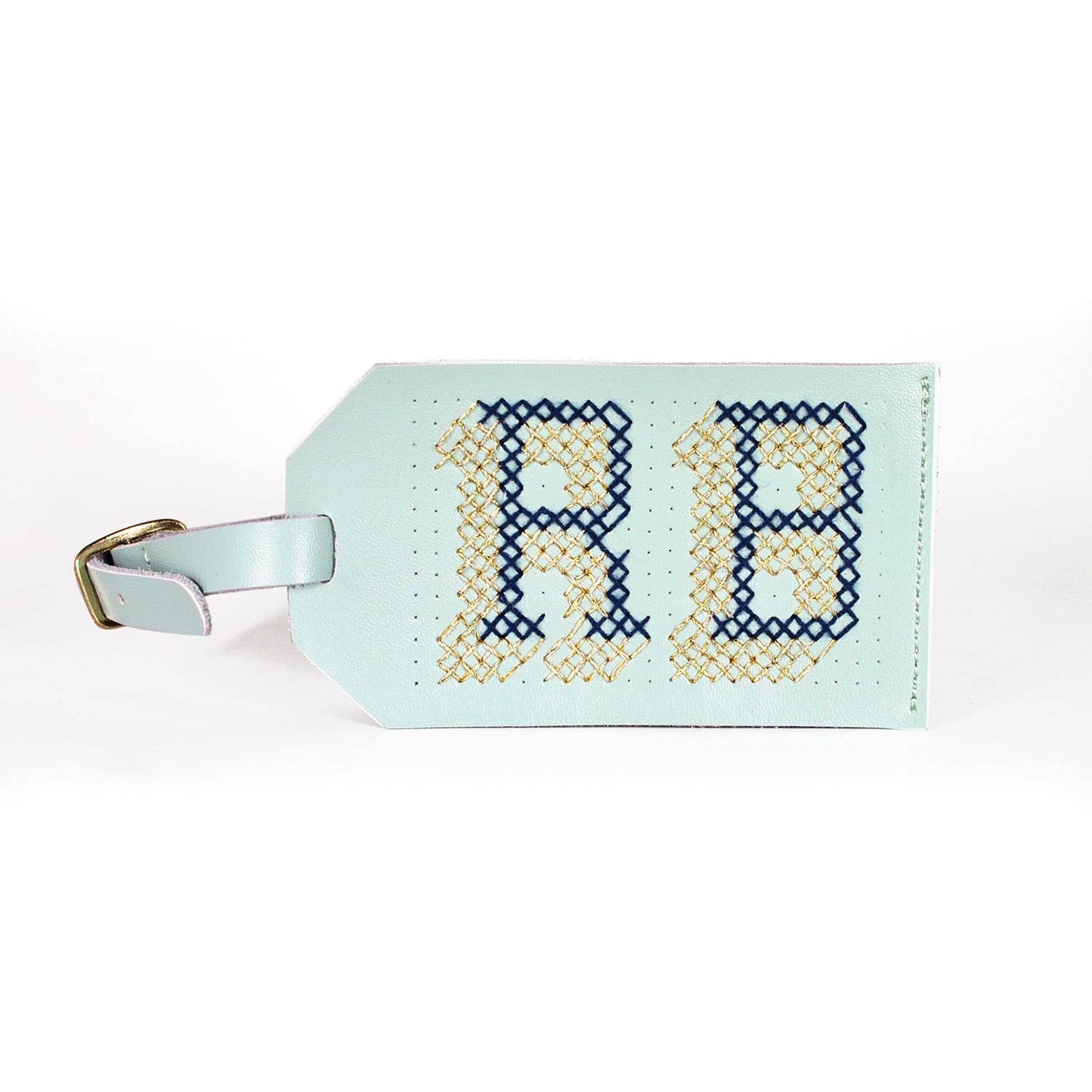 DIY Cross Stitch Luggage Tag Kit - Mint with Navy thread