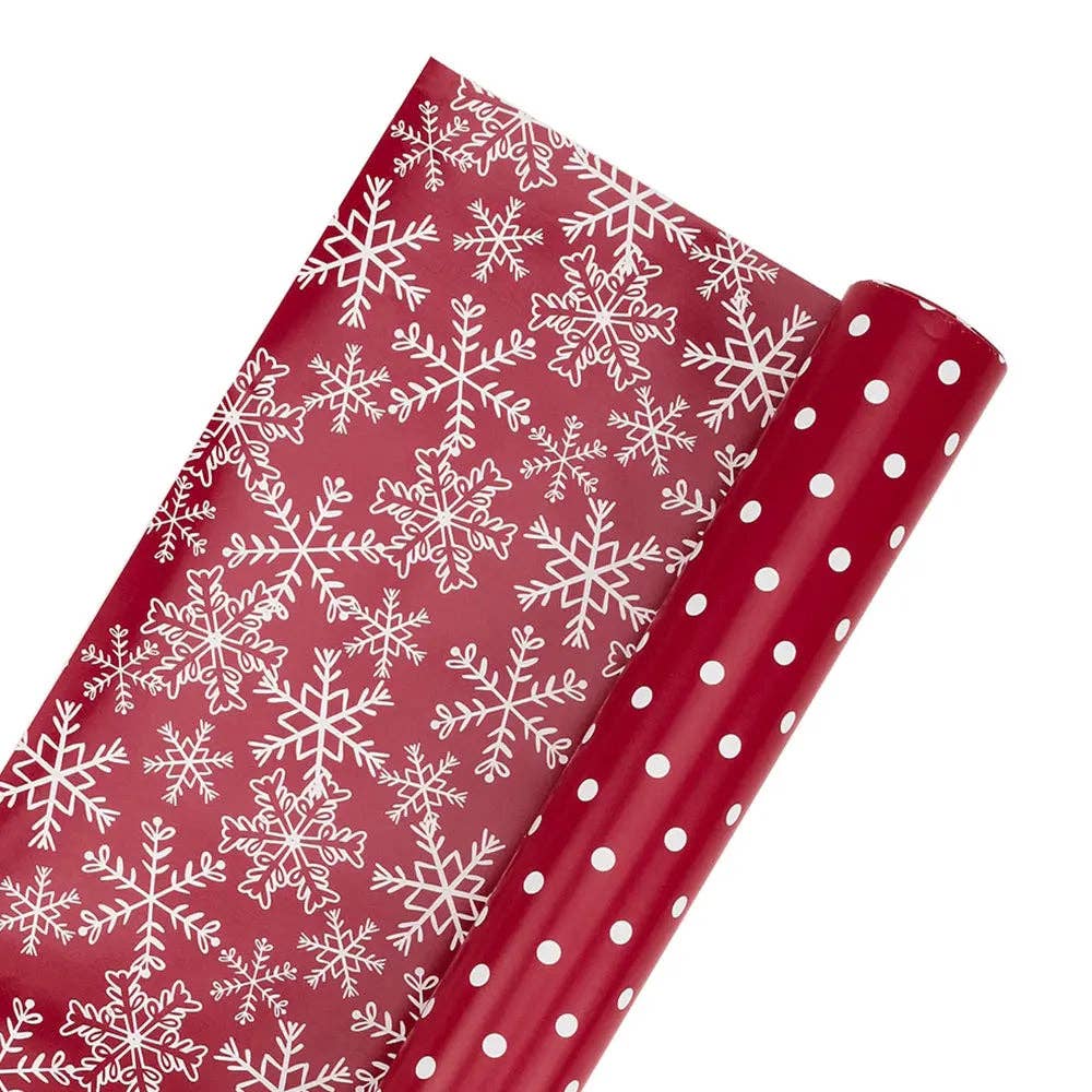 White Dot on Red/Layered Snowflake on Red 30" x 10’ Holiday Reversible Wrapping Paper