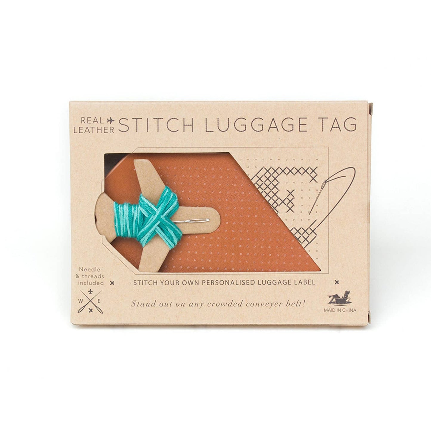 DIY Cross Stitch Luggage Tag Kit - Brown with teal thread