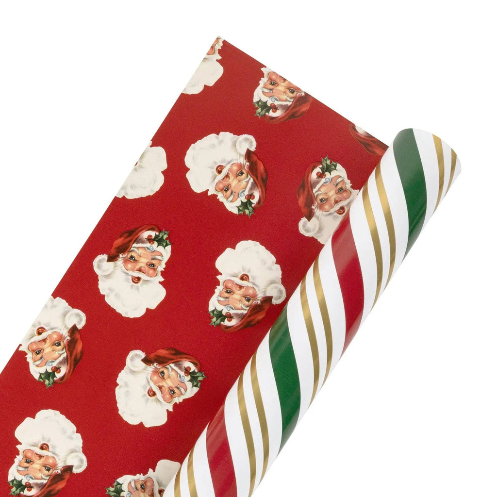 Holiday Stripe and Vintage Santa Faces 30" x 10' Holiday Reversible Metallic Wrapping Paper