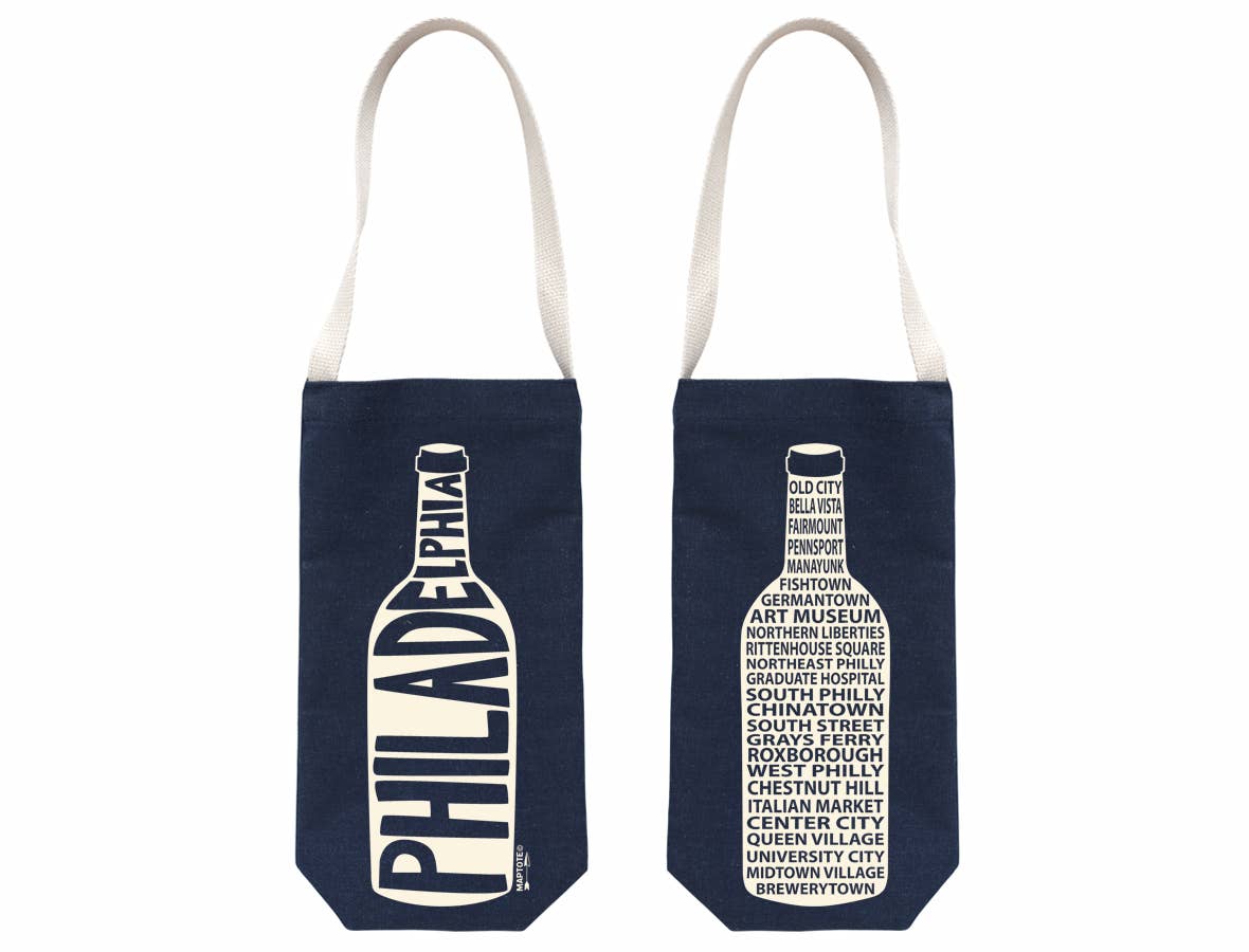 Denim Philadelphia Wine Tote with a double sided illustration of a white wine bottle decorated with 'Philadelphia' on one side and a list of Philadelphia neighborhoods on the other. Has one, strong 18" strap. Designed by Maptote.
