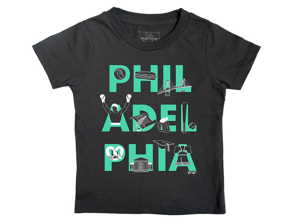 Bold Green Philadelphia Font Toddler Tee size 2. Illustrated coin, cheesesteak, Benjamin Franklin Bridge, Rocky statue, declaration of independence, pint of beer, baseball and baseball bat, soft pretzel, Independence mall, graduation cap, and the liberty bell. Designed and printed by Maptote. 