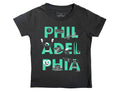 Bold Green Philadelphia Font Toddler Tee size 2. Illustrated coin, cheesesteak, Benjamin Franklin Bridge, Rocky statue, declaration of independence, pint of beer, baseball and baseball bat, soft pretzel, Independence mall, graduation cap, and the liberty bell. Designed and printed by Maptote. 
