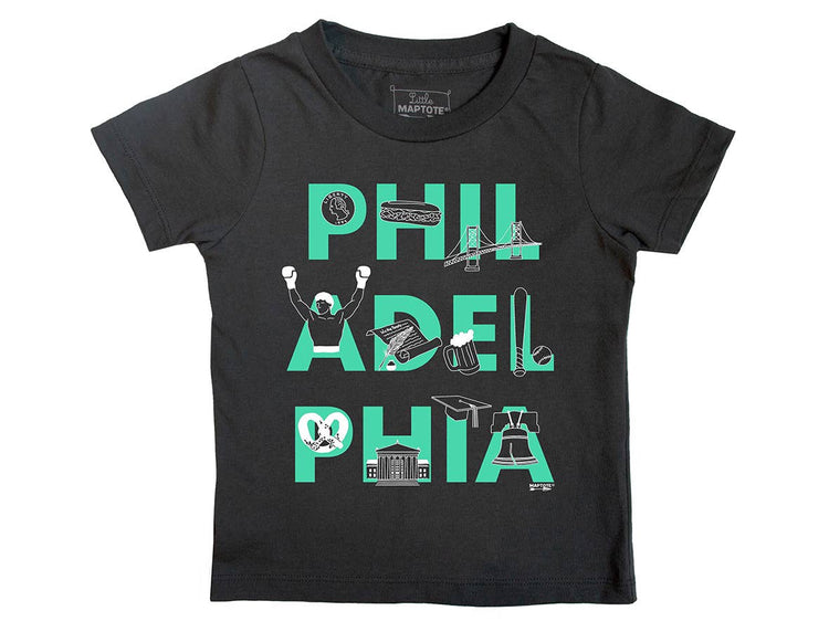 Bold Green Philadelphia Font Toddler Tee size 4. Illustrated coin, cheesesteak, Benjamin Franklin Bridge, Rocky statue, declaration of independence, pint of beer, baseball and baseball bat, soft pretzel, Independence mall, graduation cap, and the liberty bell. Designed and printed by Maptote. 