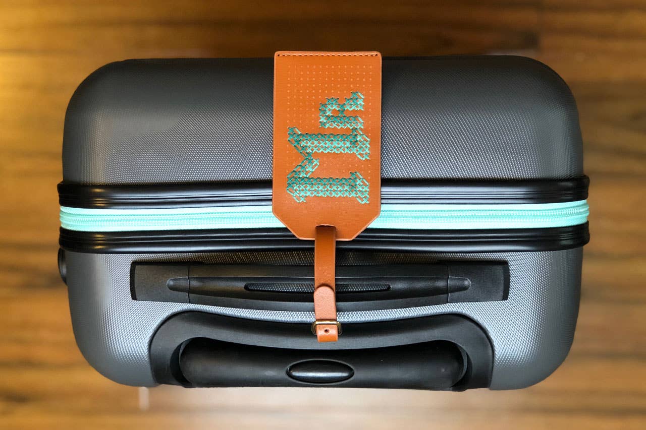 DIY Cross Stitch Luggage Tag Kit - Brown with teal thread