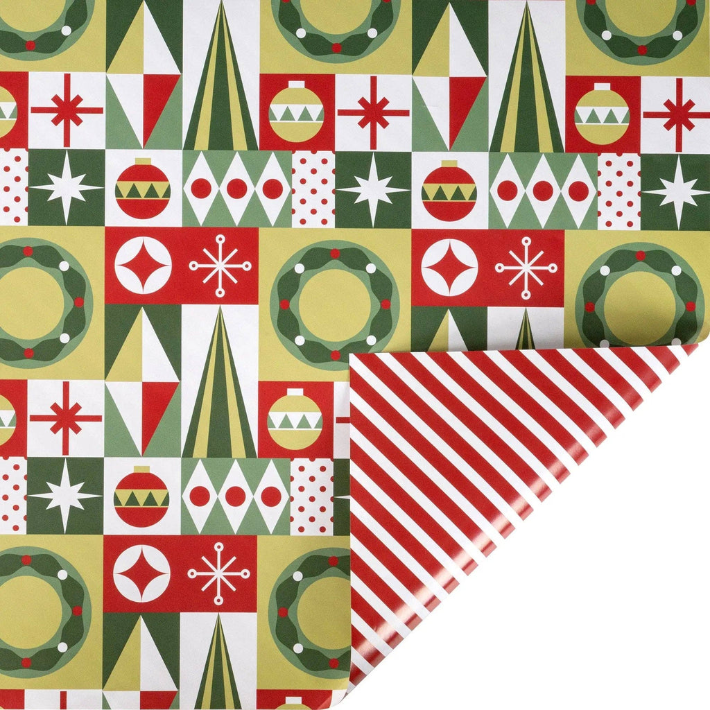 Christmas Geometric and Red/White Stripe 30" x 10' Holiday Reversible Wrapping Paper