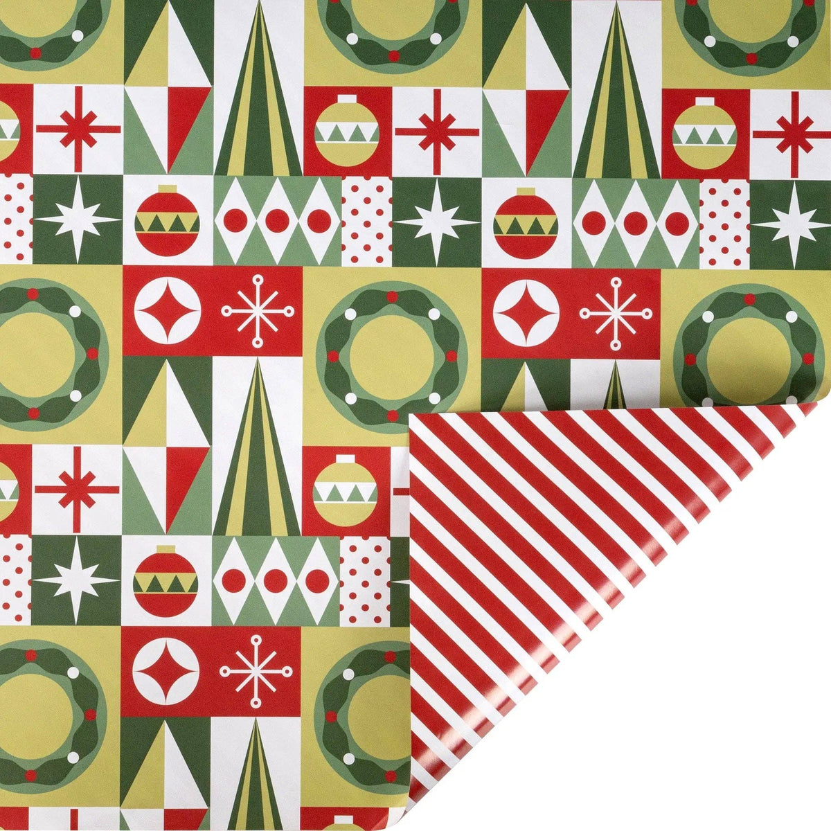 Christmas Geometric and Red/White Stripe 30" x 10' Holiday Reversible Wrapping Paper