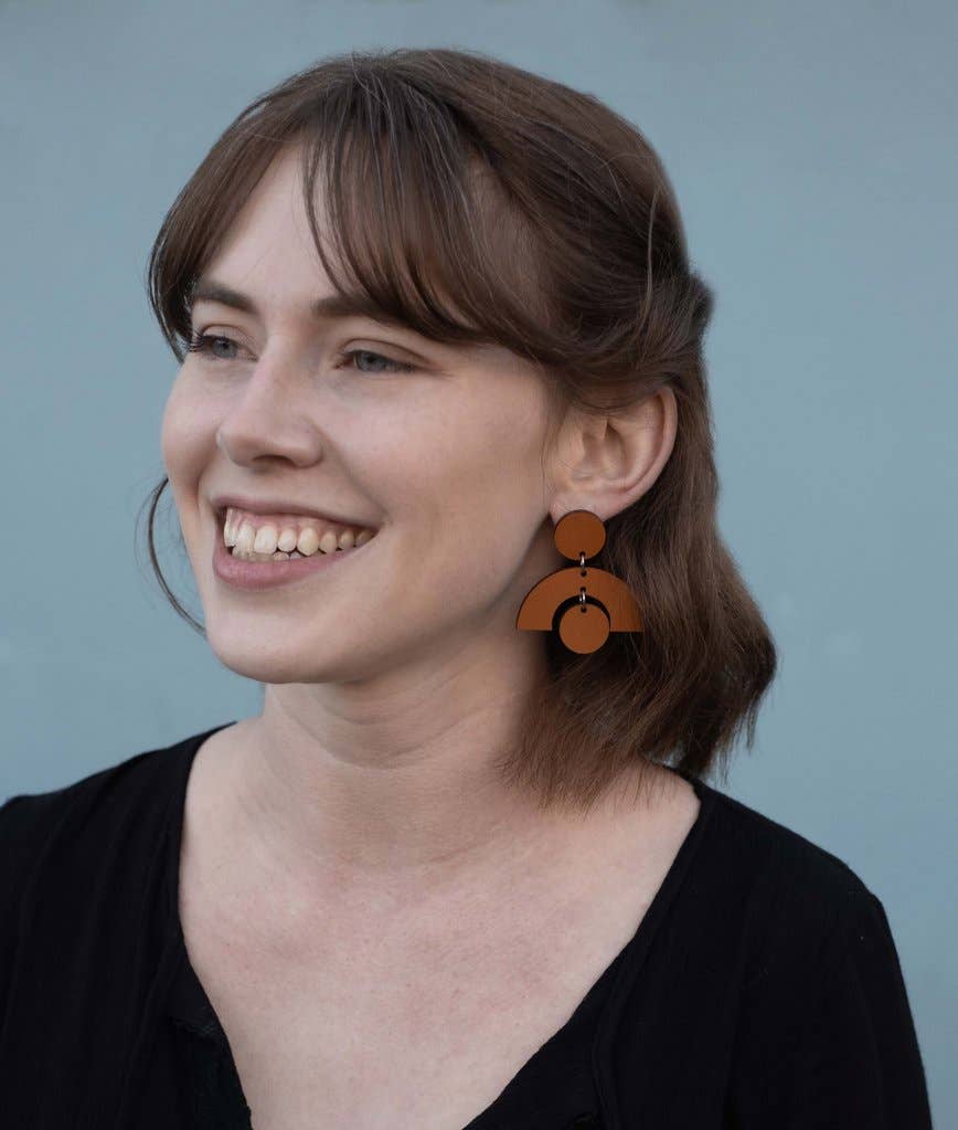Two Moons Dangle Earrings: Pumpkin Wood