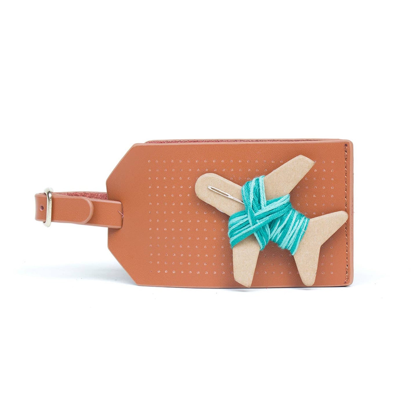 DIY Cross Stitch Luggage Tag Kit - Brown with teal thread