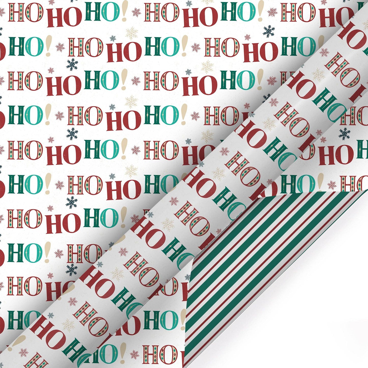 Reversible Wrapping Paper | Large HO HO HO/Green, White & Red Stripe