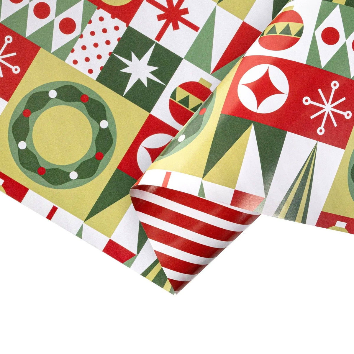 Christmas Geometric and Red/White Stripe 30" x 10' Holiday Reversible Wrapping Paper