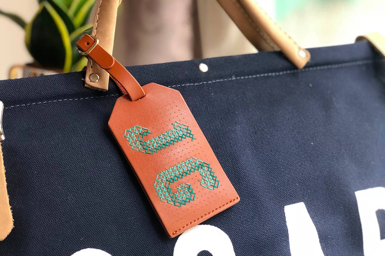 DIY Cross Stitch Luggage Tag Kit - Brown with teal thread