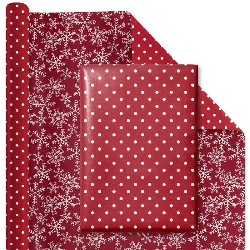 White Dot on Red/Layered Snowflake on Red 30" x 10’ Holiday Reversible Wrapping Paper