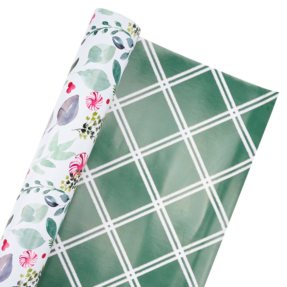 Watercolor Holly/Green and White Lattice 30" x 10' Reversible Holiday Wrapping Paper