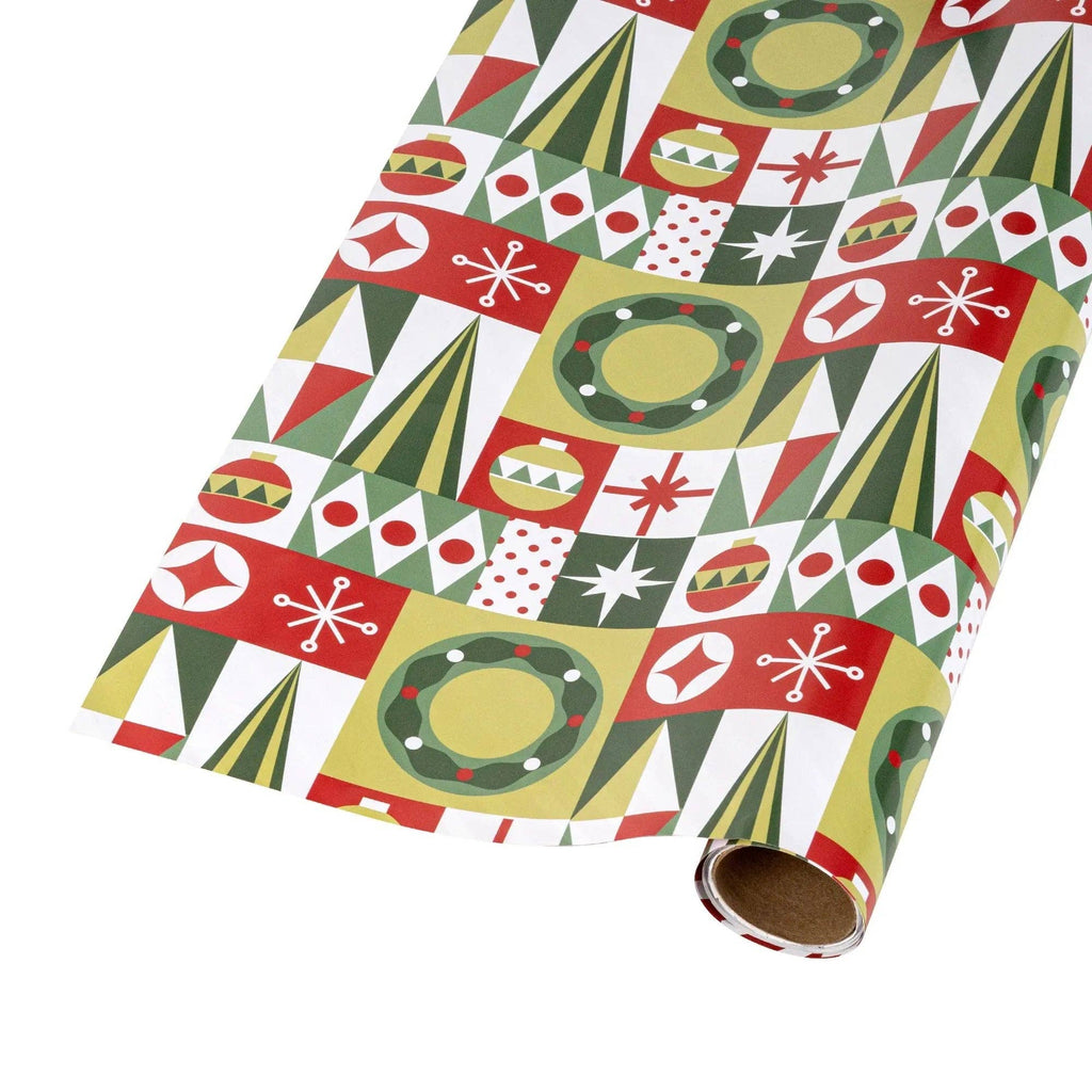 Christmas Geometric and Red/White Stripe 30" x 10' Holiday Reversible Wrapping Paper